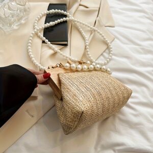 Bohemian Rattan Straw Bag Elegant Pearl Shoulder Chain Ladies Holiday Beach Party Purse
