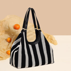 High Quality Woven Striped Canvas Bag, Large Capacity Commuting Black And White Checkered Tote Bag