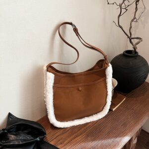 Women’s Retro Plush Shoulder Tote Bag Textured Frosted Large Capacity Fashion Handbag Zipper Closure PU Leather Multi