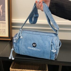 Simple Embroidered Letter Boston Pillow Denim 2026 New Versatile Textured Shoulder Crossbody Bag Trendy