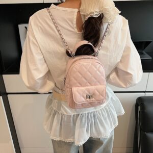 Trendy Silver Backpack Mini Crossbody Bag Set – Chic Quilted PU Leather With Chain Strap, Waterproof & Stylish (Pink,