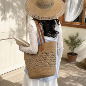 Cross-border Hat And Straw Two-piece Set, Woven Seaside Vacation, Large-capacity Beach Shoulder Bag, Tote Bag For Women