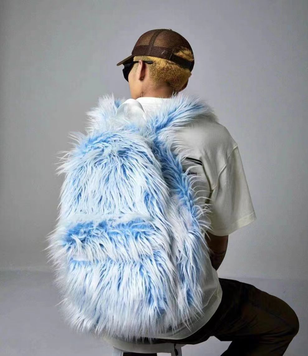 Men's Snow Monster Backpack Color Block Ice Blue Furry Trendy Outdoor Travel Bag For Men - Image 4