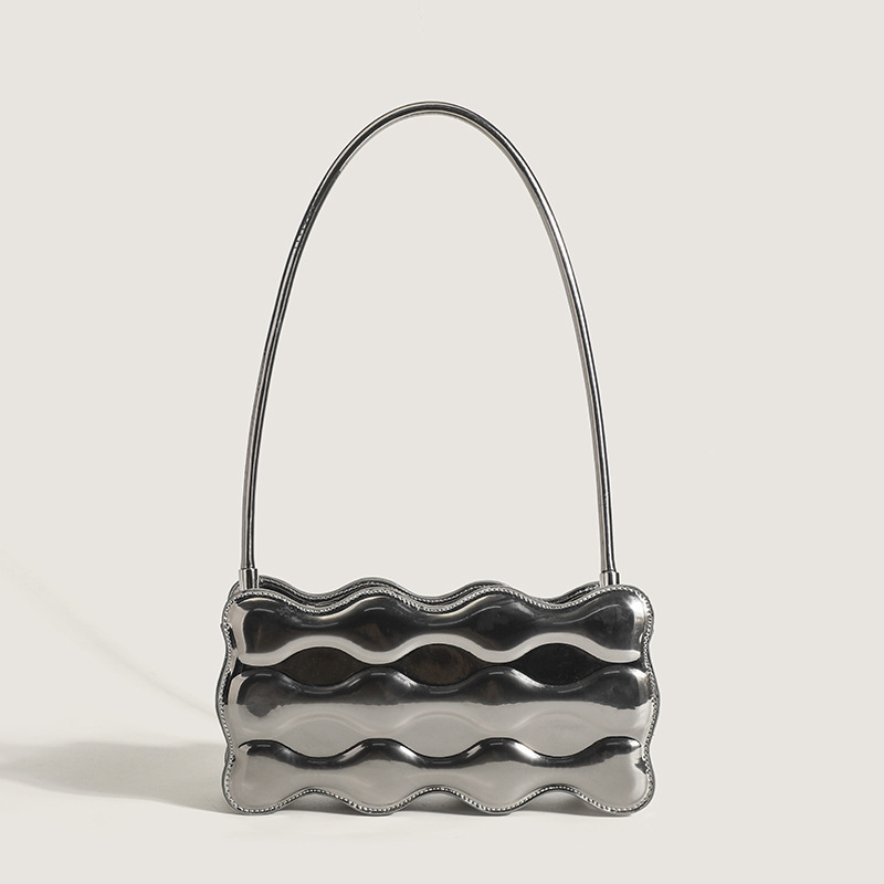 High-end Silver Baguette New Fashionable and Versatile Handbag Wavy Shoulder Armpit Bag