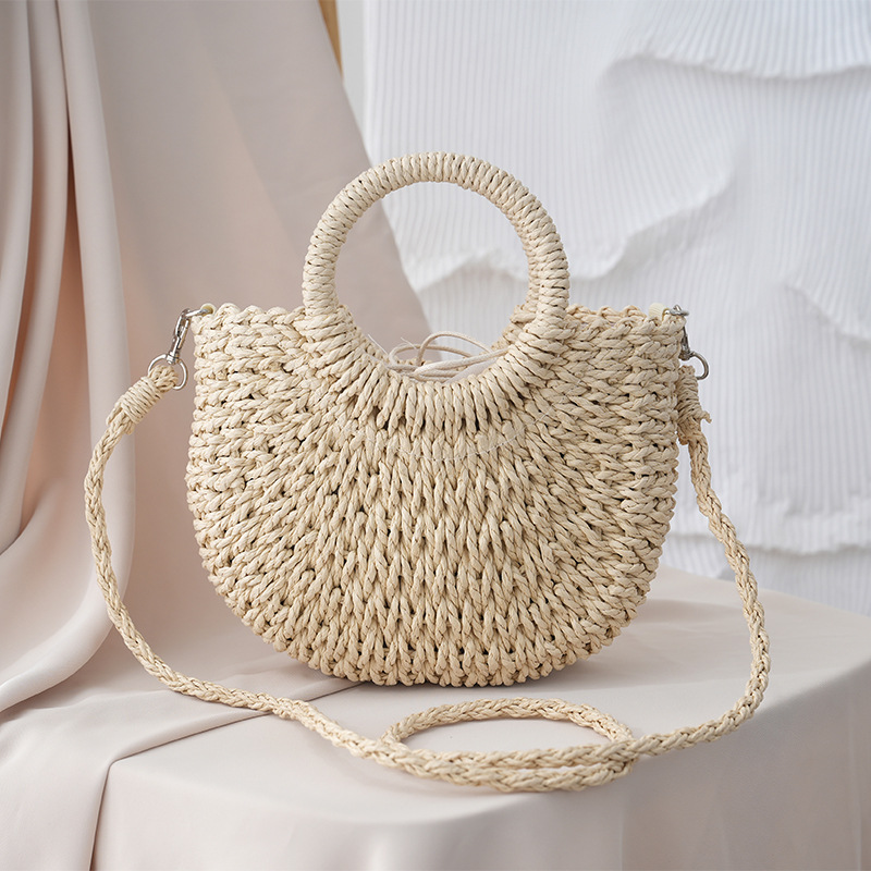 Beach Handwoven Simple Style Handbag Half-Round Straw Women's Tote Bag - Image 6