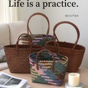 Vintage Imitation Rattan Straw Handbag with Bamboo Handle Woven Tote Bag Handmade Vegetable Basket Women’s Fashion