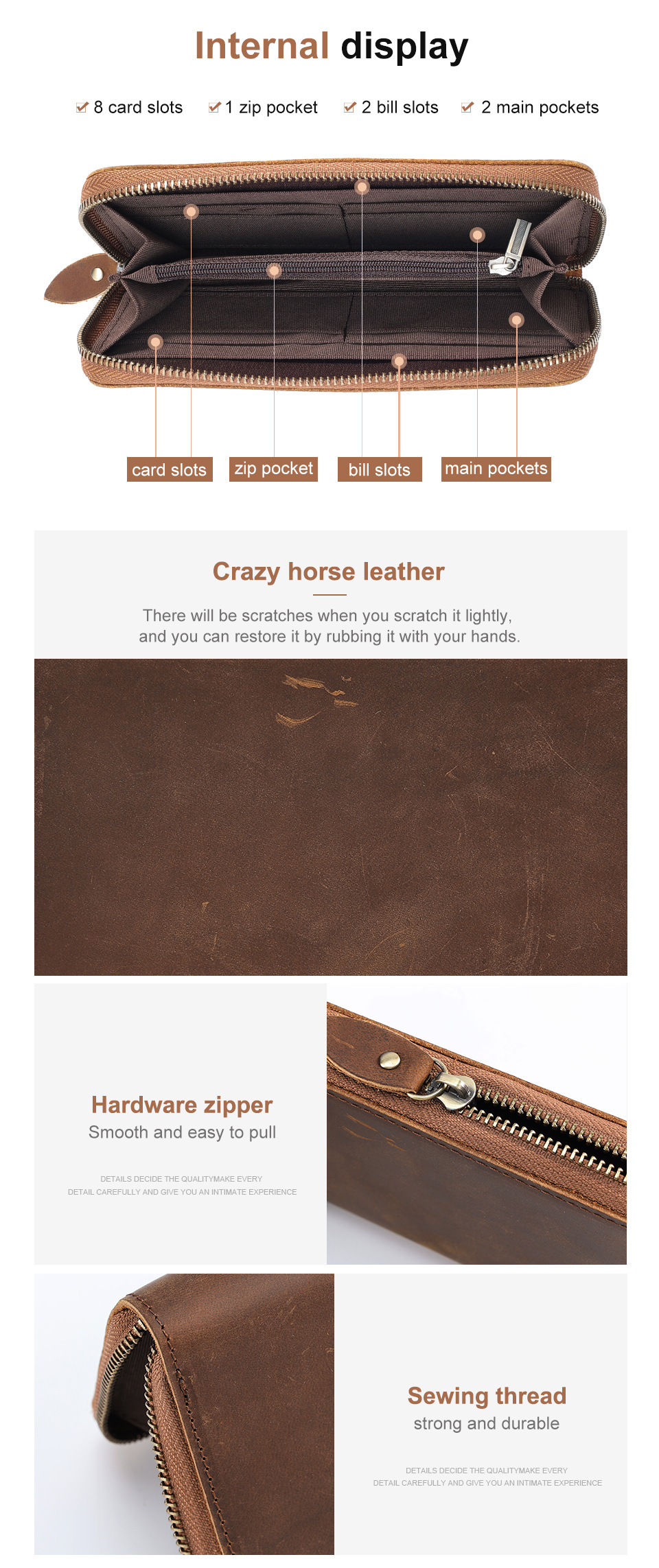 Business retro long rfid large capacity clutch bag Men's leather money clip men's wallet - Image 9