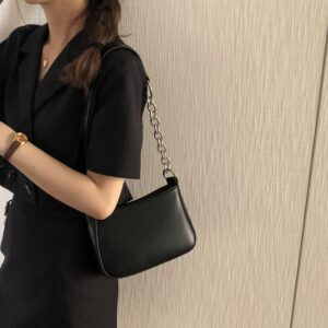 2026 New Trendy Black Patchwork Underarm Baguette Bag, European And American Street Style PU Shoulder Handbag For Women