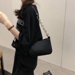 2026 New Trendy Black Patchwork Underarm Baguette Bag, European And American Street Style PU Shoulder Handbag For Women