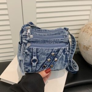 Multi-pocket Star-pattern Washed Denim 2026 New Fashion Personalized Small Square Bag, Winter Shoulder And Crossbody Bag
