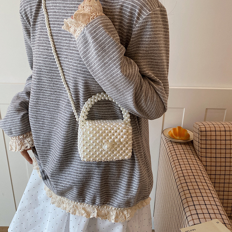 New Pearl Shoulder 2026 Summer Woven Mini Crossbody Purse High-Value Handheld Small Square Children's Bag - Image 2