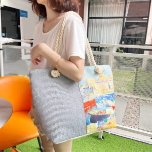 Women’s Large Capacity Patchwork Canvas Tote New Style Digital Print PP Straw Beach Bag With Cotton Rope
