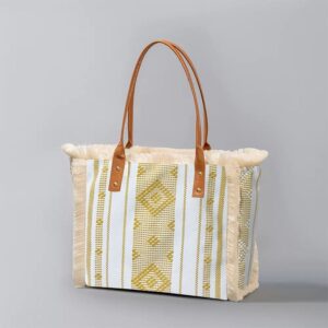Women’s Retro Ethnic Style Canvas Shoulder Tote Bag With Tassels Zippered Multi-Pocket Design For Casual Commuting