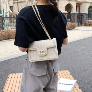 Women’s Bags New Beads Edge Chain One Shoulder Lock Ladies Straw Woven Fragrance Style Fashion Small Square Bag