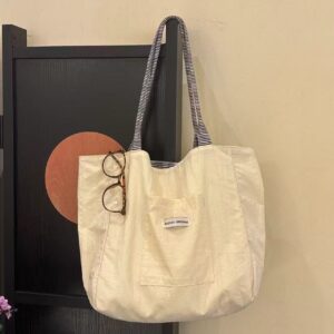 Women’s Large Capacity Reversible Tote Japanese Style Striped Canvas Artistic Casual Versatile Commuter Shoulder Bag