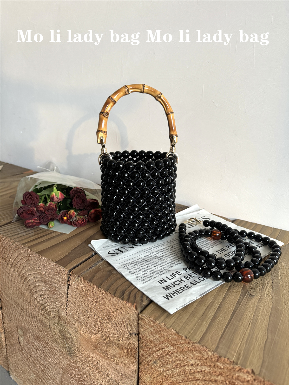 Bucket Bamboo Advanced Sense Of Metal Pearl Beaded Women's Bag - Image 6