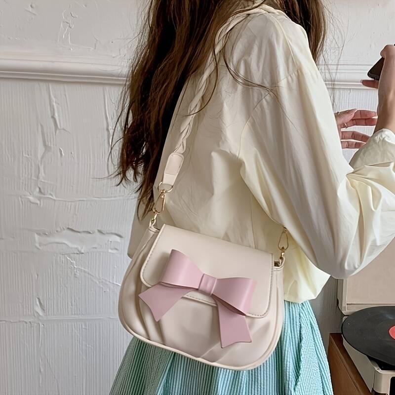 Pink Bow Flap Crossbody Bag Women Soft Leather Mini Saddle Handbag