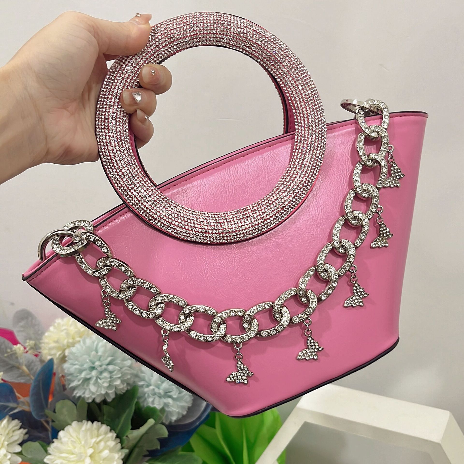 Women's Bags Same 24 New Tote Bring Diamond Round Handle Hand Held Basket Shoulder Messenger Bag - Image 2