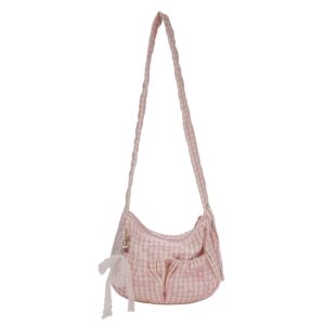 Women Pink Gingham Plaid Ruched Hobo Crossbody Bag Twisted Strap Sweet Coquette Casual Shoulder Purse