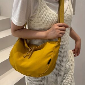 Women Black Drawstring Moon Shape Crossbody Bag Lightweight Nylon Casual Adjustable Strap Shoulder Purse