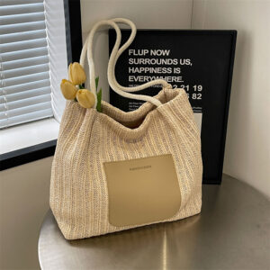 Women’s Vintage Woven Tote Holiday Wind Straw Shoulder Large Capacity Shopping Hipster Color Beach Bag