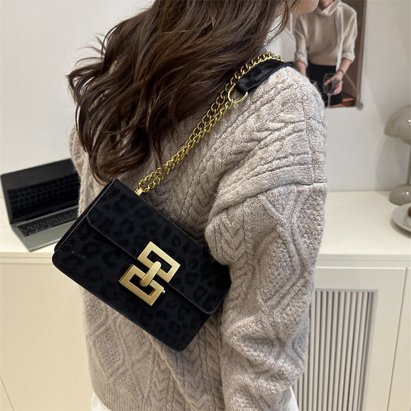 Leopard Print Women's Fashion Popular Lock Chain Crossbody Shoulder Small Square Bag - Image 4
