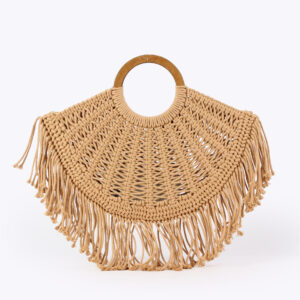 Hand Woven Cotton Rope Versatile Medium Size Straw Bag With Zipper Magnetic Snap Closure Multi Khaki For Beach Vacations