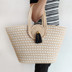 Women’ss Large Capacity New Straw Cotton Rope Woven Handbag Commuting Old Money Style Hand Held Female Striped Beach