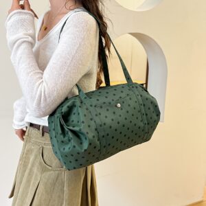 Retro White Polka Dot Barrel Tote Bag Soft Smooth Nylon Double Handle Large Capacity Ladies Daily Travel Casual Shoulder