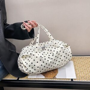 Retro White Polka Dot Barrel Tote Bag Soft Smooth Nylon Double Handle Large Capacity Ladies Daily Travel Casual Shoulder