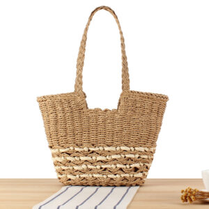Paper Rope Hollow Woven Large-capacity Notched Shoulder Bag, Straw Bag for Taking Photos on The Beach Vacation.