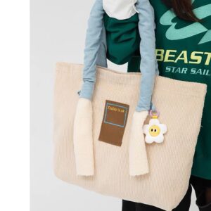 2026 New Cute Women’s One Shoulder Handheld Lamp Corduroy Striped Canvas with Contrast Color Large Capacity Tote Bag