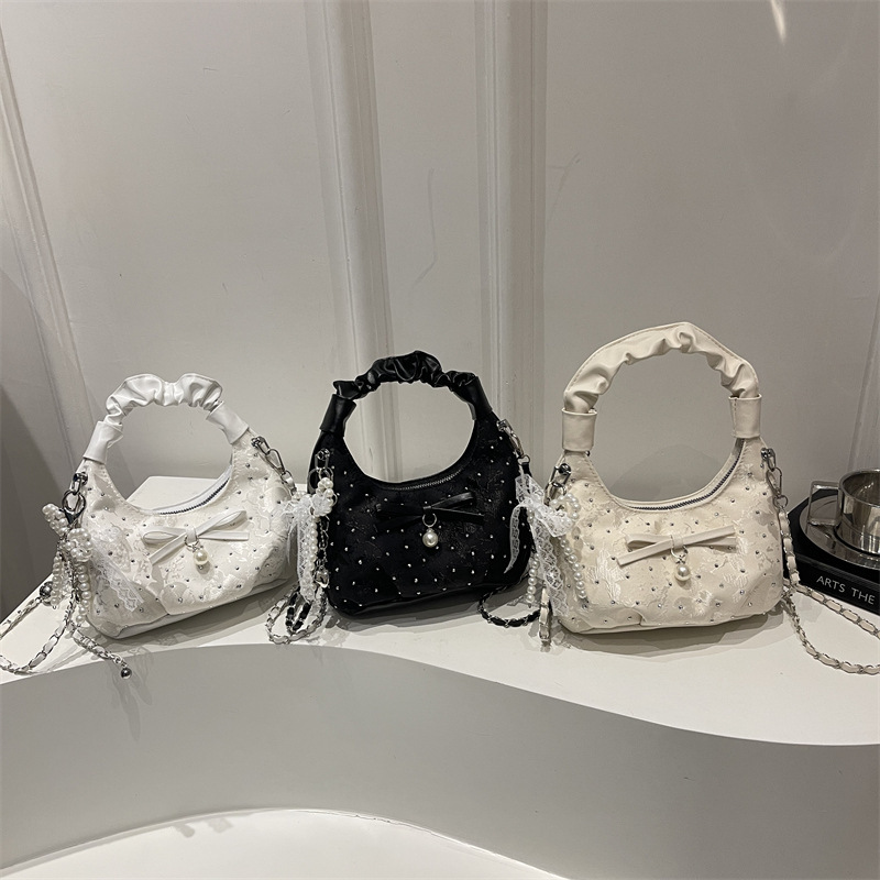 2026 New Fashionable Diamond-Studded Bowknot Pleated Dumpling Chain Shoulder Handbag Crossbody Bag For Women