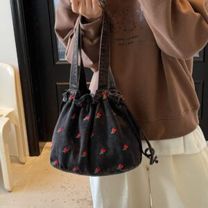 New Embroidered Large-capacity Denim Drawstring Bucket Women’s Handbag, Small Floral Shoulder Bag, Commuter Tote Bag