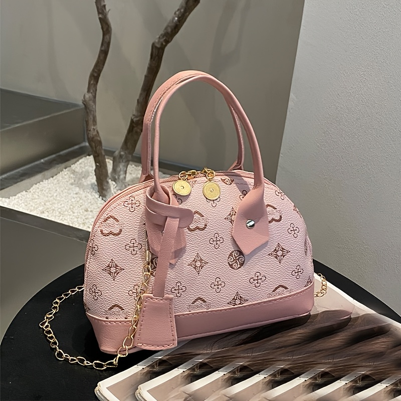 Printed Dome Women Crossbody Bag Contrast PU Trim Top Handle Chain Shoulder Handbag - Image 7
