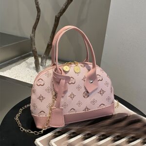 Printed Dome Women Crossbody Bag Contrast PU Trim Top Handle Chain Shoulder Handbag