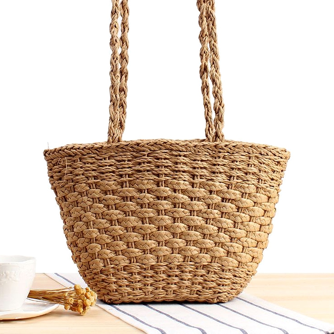Pure Color Simple Straw Retro Woven Shoulder Fashion Silk Towel Paper Rope Casual Bag - Image 5