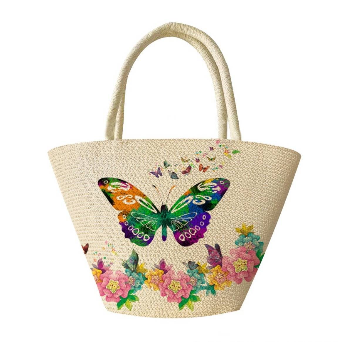 Handmade Women's Tote With Butterfly Print Travel And Vacation Beach Woven Bag