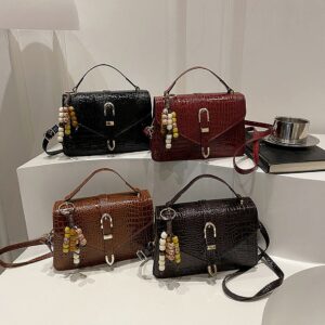 Textured Crossbody – Stylish Croc-Effect Shoulder Bag With Detachable Charm (Red/Black/Tan/Brown, Medium Size, Magnetic