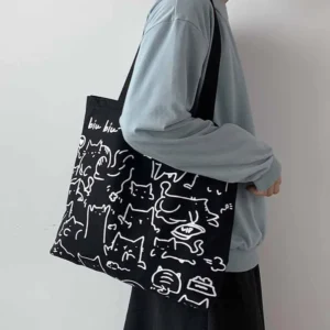 Fashion Cartoon Cute Cats Canvas Bags – Handbag for Women and Men, Foldable Reusable Shopping Beach Bag with Zipper