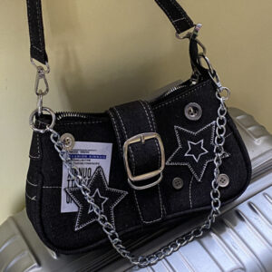 Denim Women’s Shoulder Stars Cowboy Underarm Fashion Trend Crescent Canvas Tote Chain Bag