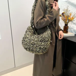 New Cloud Leopard Print Handb For Women, Pleated Quilted Bubble Cotton B, Large Capacity Single Shoulder Crossbody
