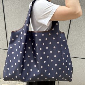Women Vintage Polka Dot Navy Tote Portable Foldable Eco Friendly Grocery Daily Commute Shoulder Bag
