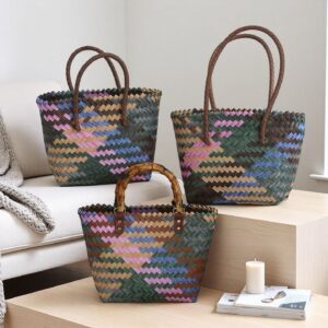 Vintage Imitation Rattan Straw Handbag with Bamboo Handle Woven Tote Bag Handmade Vegetable Basket Women’s Fashion