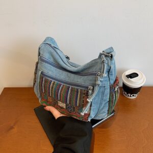 Vintage Denim Embroidered Tote For Women 2026 New Large Capacity Ladies Handbag Ethnic Style Canvas Shoulder Bag