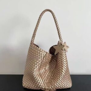 Champagne Color Woven Pattern Tote For Women, Large Capacity, Handheld And Shoulder Bucket Bag