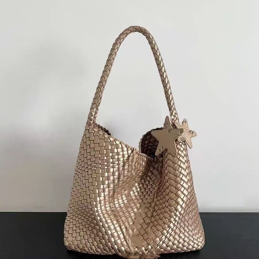 Champagne Color Woven Pattern Tote For Women, Large Capacity, Handheld And Shoulder Bucket Bag