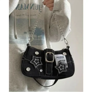Fashion Denim Star Pattern Cool Girl Y2K Bottom Canvas Womens Small Shoulder Bag Chain Handbag 240827
