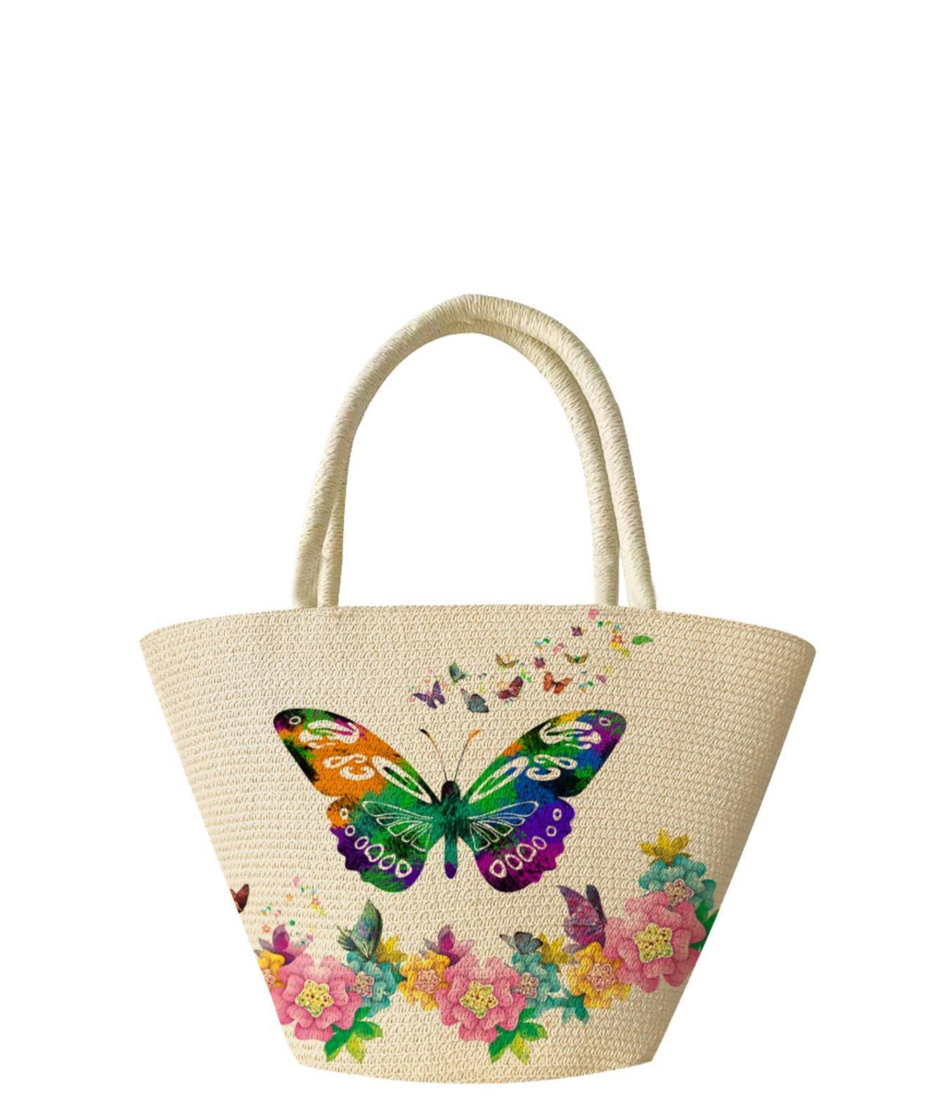 Handmade Women's Tote With Butterfly Print Travel And Vacation Beach Woven Bag - Image 5