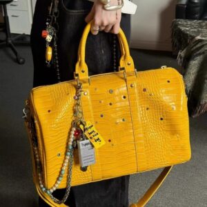 Yellow Anti-Crocodile Leather Textured Crossbody With Rhinestones Gemstones American Street Style Trendy Tote Travel Bag